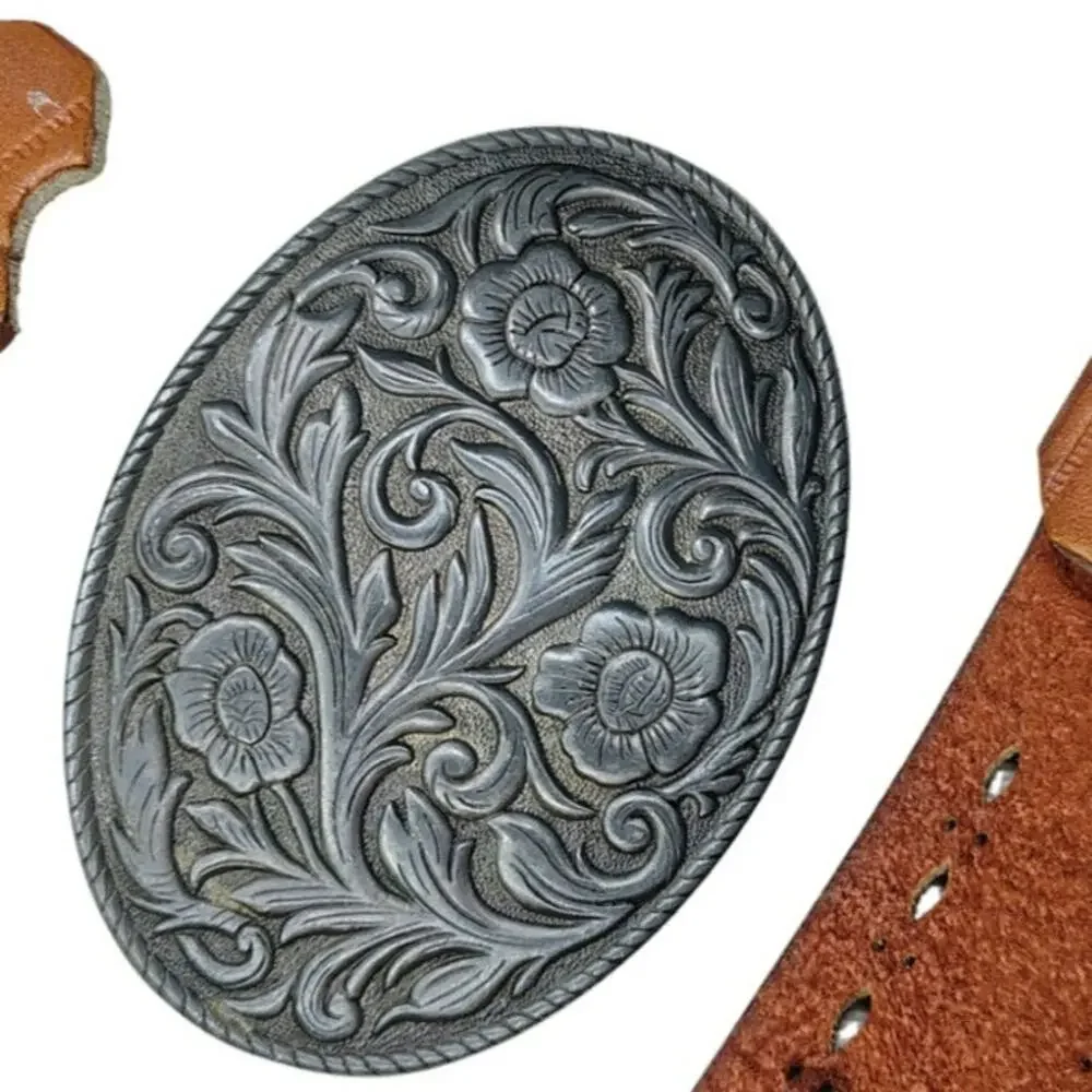 Oval Engraved Floral Nickel Metal Belt Buckle Tooled Leather Size Medium Vintage